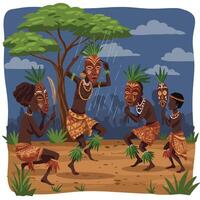 People Dancing with Masks Under Tree During Rain Ceremony vector