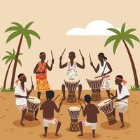 Group Playing Drums in a Cultural Performance with Tropical Trees vector
