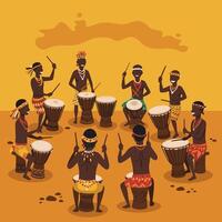 Group Drumming Performance with Drums and Tribal Costumes in Warm Setting vector