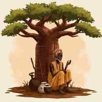 Man Resting Under Tree Illustration with Pot and Staff Graphic vector
