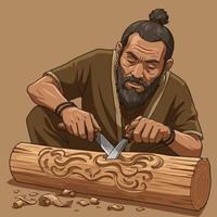 Man Woodcarving Intricate Design on Log with Hand Tools Skillfully vector