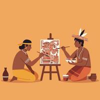 Indigenous Artists Creating Artwork Together on Canvas with Ethnic Designs vector