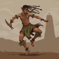 Man Performing Traditional Dance with Spear Near Ancient Structure vector