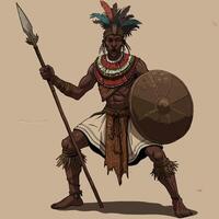 Warrior Preparing to Fight Holding Spear and Shield on Alert vector