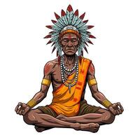 Man Meditating Wearing Headdress and Shawl in Lotus Position vector