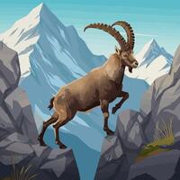 Ibex Climbing on Rocky Terrain with Snow-capped Mountains in the Background vector