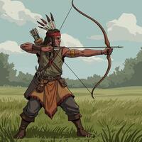 Archer Aiming Bow and Arrow in Grassy Field with Cloudy Sky vector