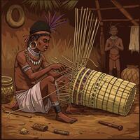 Man Weaving Traditional Basket Using Natural Materials in Village Setting vector