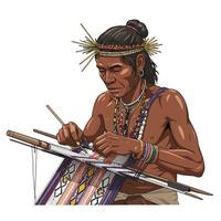 Man Weaving Traditional Textile Wearing Headwear and Necklaces Isolated Image vector