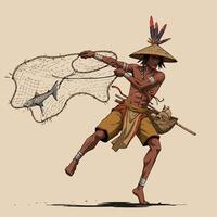 Fisherman Throwing Net with Fish Illustration in Traditional Attire vector