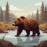 Walking Bear in Forest River with Mountain and Tree Background vector