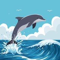 Dolphin Jumping Out of Water with Waves and Cloudy Sky vector