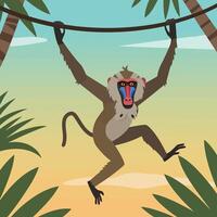 Monkey Swinging From Vine Cartoon Style in a Tropical Setting vector