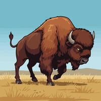 Charging Bison Illustration in Open Field with Clear Blue Sky vector