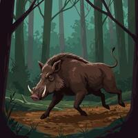 Wild Boar Running Through a Forest with Tall Trees Illustration vector