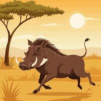 Warthog Running Across African Plains Under a Warm Sunny Sky vector