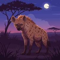 Hyena Standing in Savannah at Night with Full Moon Shining vector