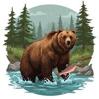 Illustration of a Bear Fishing Salmon in a River Surrounded by Forest vector