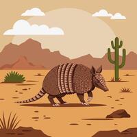 Armadillo Walking in Desert Landscape with Cactus and Distant Mountains vector