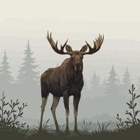 Standing Moose in Forest with Foggy Background Artwork Illustration vector