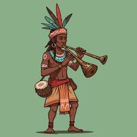 Man Playing Wind Instruments with Traditional Dress and Drum vector