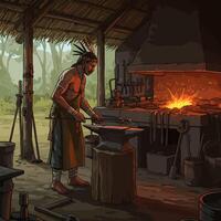 Man Blacksmith Working with Hot Metal at Forge Sparking Fire vector