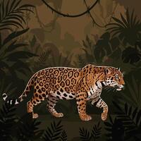 Jaguar Walking Through Dense Jungle Foliage Under Shady Canopy vector