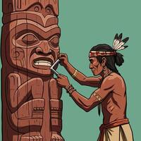 Indigenous Man Working on Carved Wooden Totem Pole with Tool vector
