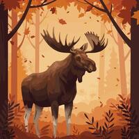 Moose Standing in Autumn Forest with Falling Leaves Graphic Style vector