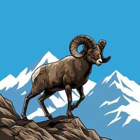 Ram Standing on Rocky Mountain Peak with Snowy Mountain Backdrop vector