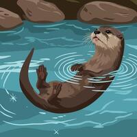 Otter Floating on Back in Water with Ripples and Rocks Above vector
