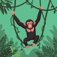 Chimpanzee Swinging on Vines in Jungle Illustration with Green Background vector