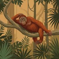 Resting Orangutan Reclining on Tree Branch in Tropical Jungle Illustration vector