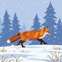 Fox Running in Winter Landscape with Snow and Evergreen Trees vector