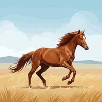 Horse Running Freely Through a Golden Field with Rolling Hills Background vector