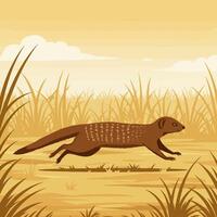 Mongoose Running in Tall Grass on a Sunny Day Illustration vector
