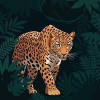 Leopard Walking Through Lush Jungle Vegetation and Dark Forest Setting vector