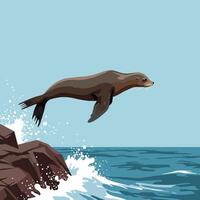 Sea Lion Jumping From Rocks Illustration with Ocean Waves vector