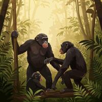 Chimpanzee Family Interaction in Jungle Habitat with Trees and Foliage vector