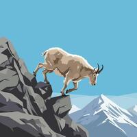 Goat Leaping Across Mountain Rocks with Scenic Background Illustration vector