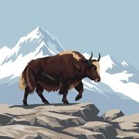Yak Walking on Rocky Terrain with Snow Mountain Backdrop Art vector