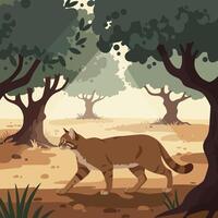 Cat Walking Through Forest with Light Rays Filtering Through Trees vector