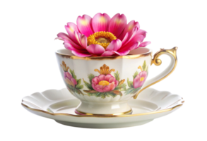 A pink flower is in a cup with a saucer png