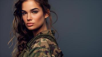 Fearless young servicewoman in a camouflage military outfit, army soldier on dark background photo
