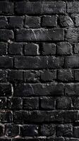 Dark bricks with glossy, uneven black coating an urban, textured facade. photo