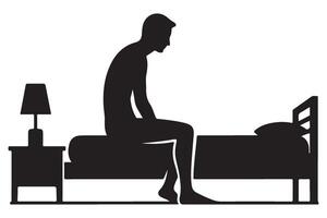 Silhouette of a Man Sitting on a Bed Edge With Lamp vector