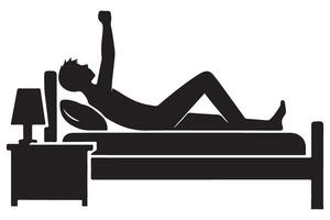 Man waking up silhouette illustration stretching in bed ready for the day vector