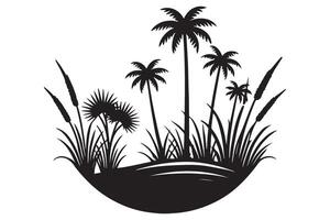 Silhouette Tropical Oasis Illustration with Palm Trees and Cattails vector