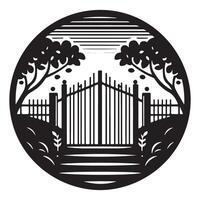 Scenic Garden Gate Silhouette Illustration in Circular Frame vector