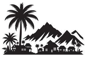 Asian Village Scenery Silhouette with Mountains and Palms Image vector